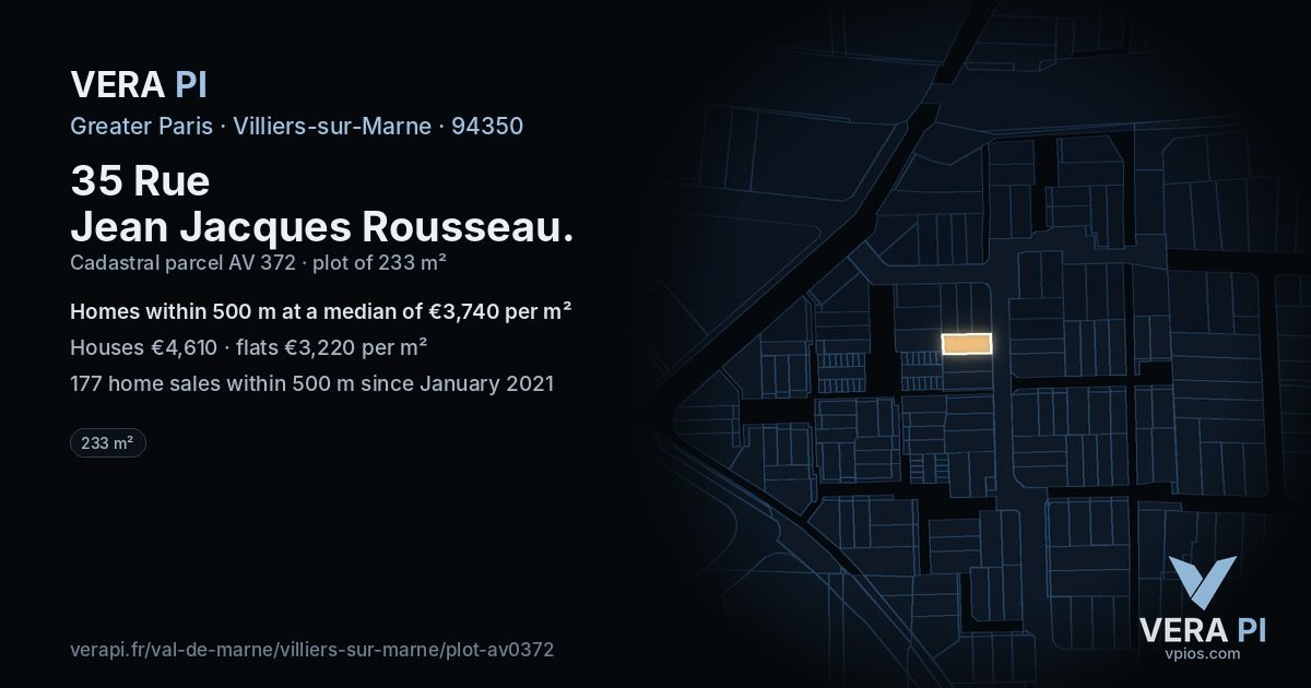 35 Rue Jean Jacques Rousseau, Villiers-sur-Marne at night – the plot lit, the parcels around coloured by the prices near them
