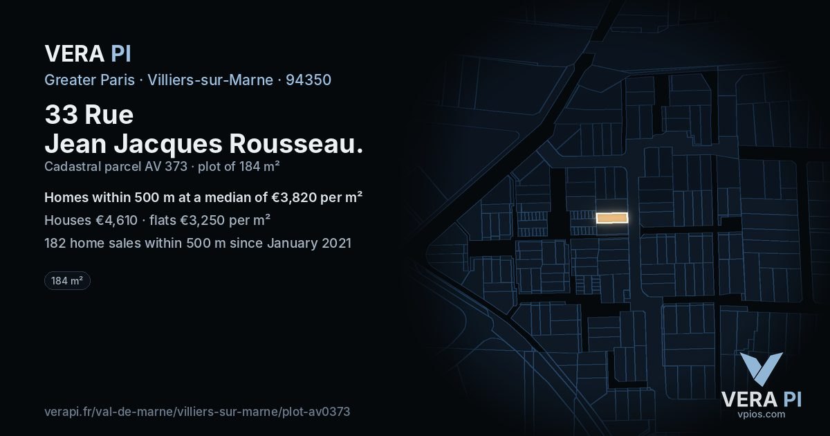 33 Rue Jean Jacques Rousseau, Villiers-sur-Marne at night – the plot lit, the parcels around coloured by the prices near them
