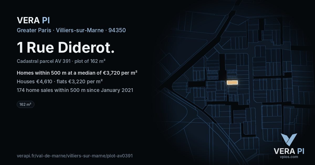1 Rue Diderot, Villiers-sur-Marne at night – the plot lit, the parcels around coloured by the prices near them