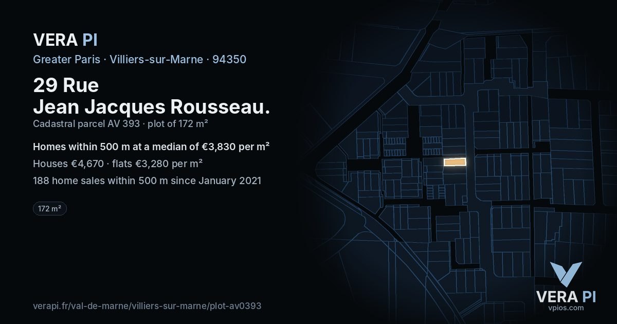 29 Rue Jean Jacques Rousseau, Villiers-sur-Marne at night – the plot lit, the parcels around coloured by the prices near them