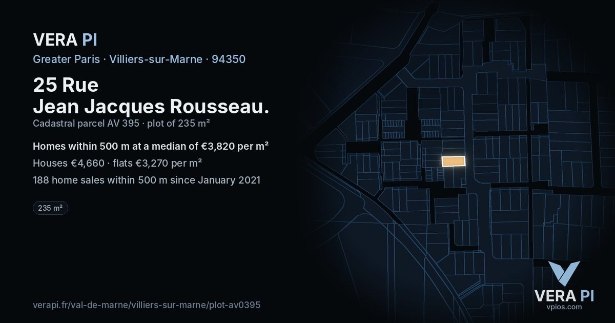 25 Rue Jean Jacques Rousseau, Villiers-sur-Marne at night – the plot lit, the parcels around coloured by the prices near them