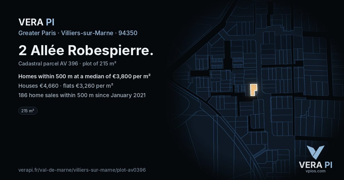 2 Allée Robespierre, Villiers-sur-Marne at night – the plot lit, the parcels around coloured by the prices near them