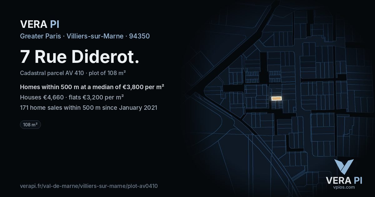 7 Rue Diderot, Villiers-sur-Marne at night – the plot lit, the parcels around coloured by the prices near them