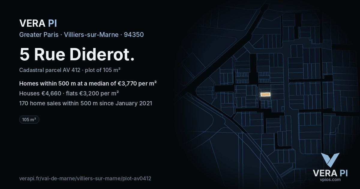 5 Rue Diderot, Villiers-sur-Marne at night – the plot lit, the parcels around coloured by the prices near them