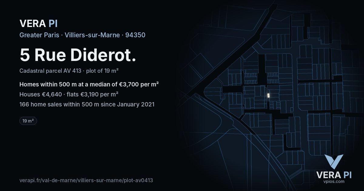 5 Rue Diderot, Villiers-sur-Marne at night – the plot lit, the parcels around coloured by the prices near them