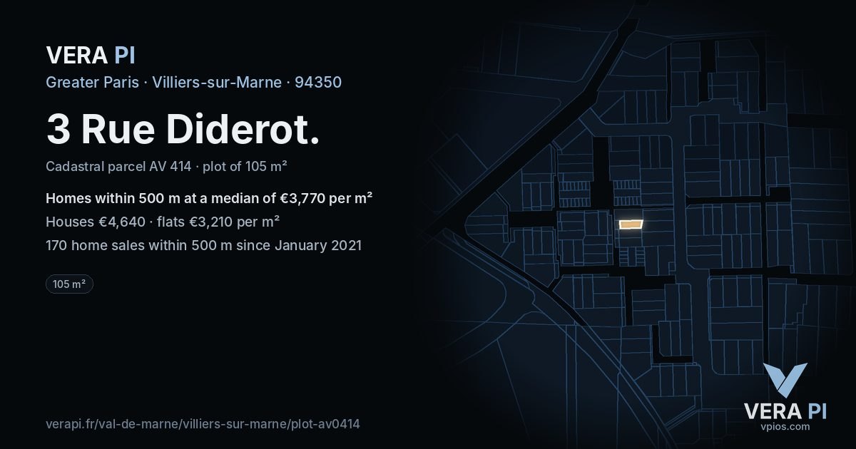 3 Rue Diderot, Villiers-sur-Marne at night – the plot lit, the parcels around coloured by the prices near them
