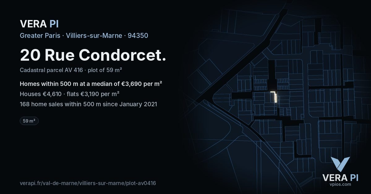 20 Rue Condorcet, Villiers-sur-Marne at night – the plot lit, the parcels around coloured by the prices near them
