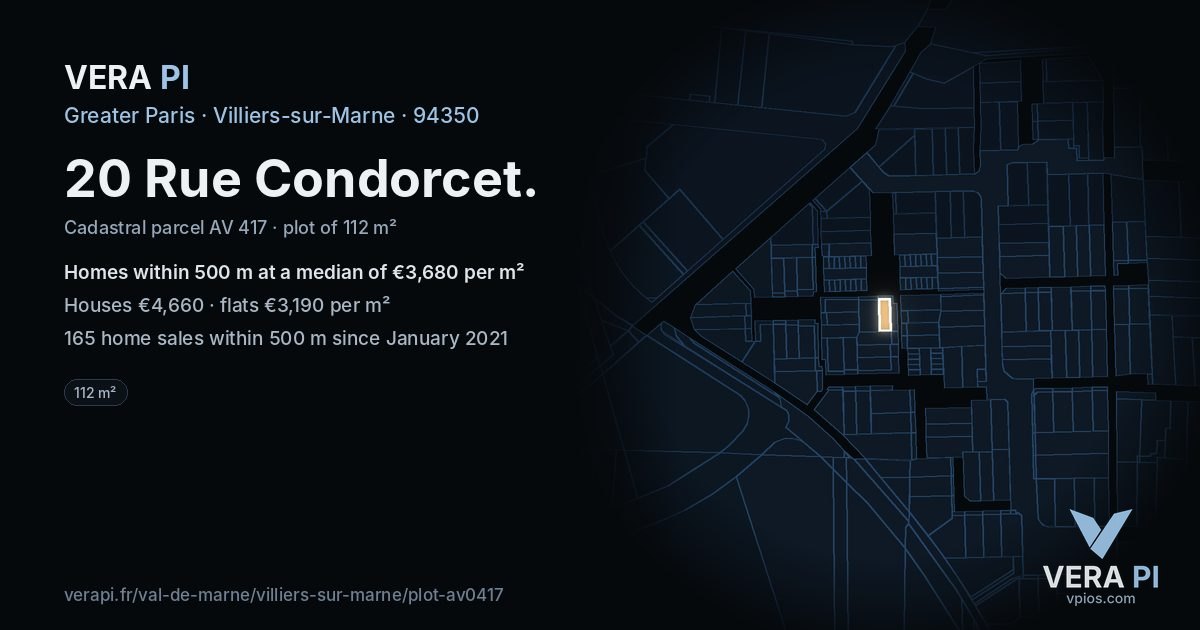 20 Rue Condorcet, Villiers-sur-Marne at night – the plot lit, the parcels around coloured by the prices near them