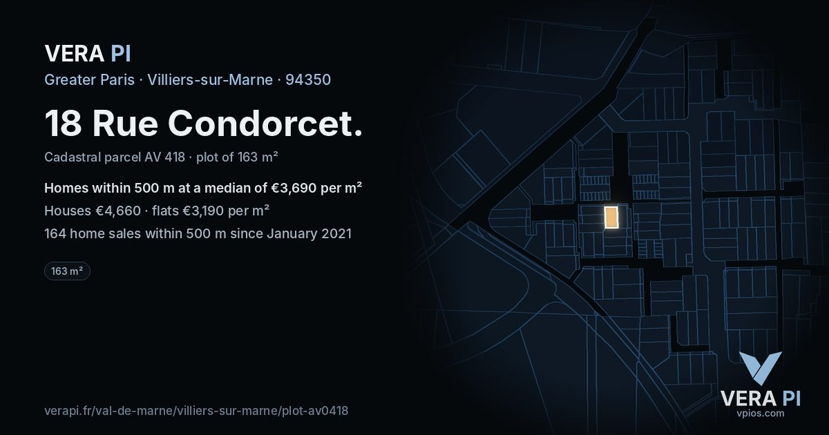 18 Rue Condorcet, Villiers-sur-Marne at night – the plot lit, the parcels around coloured by the prices near them