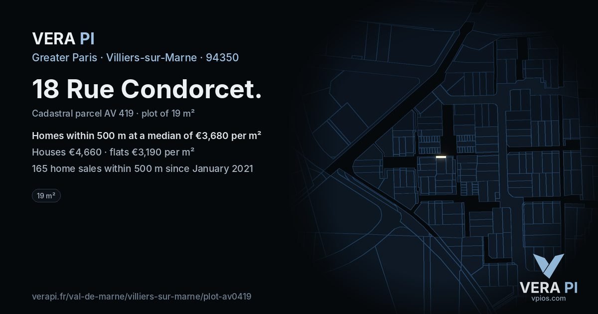 18 Rue Condorcet, Villiers-sur-Marne at night – the plot lit, the parcels around coloured by the prices near them