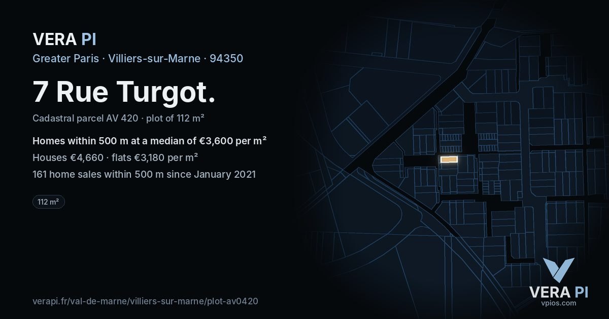 7 Rue Turgot, Villiers-sur-Marne at night – the plot lit, the parcels around coloured by the prices near them