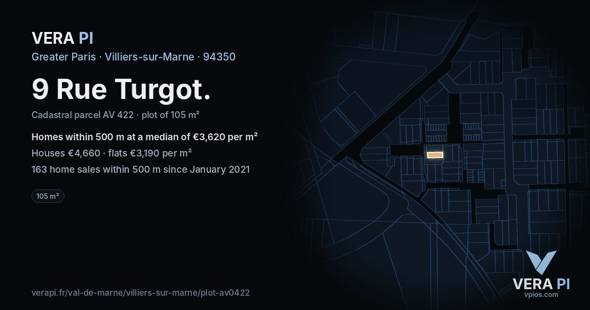 9 Rue Turgot, Villiers-sur-Marne at night – the plot lit, the parcels around coloured by the prices near them
