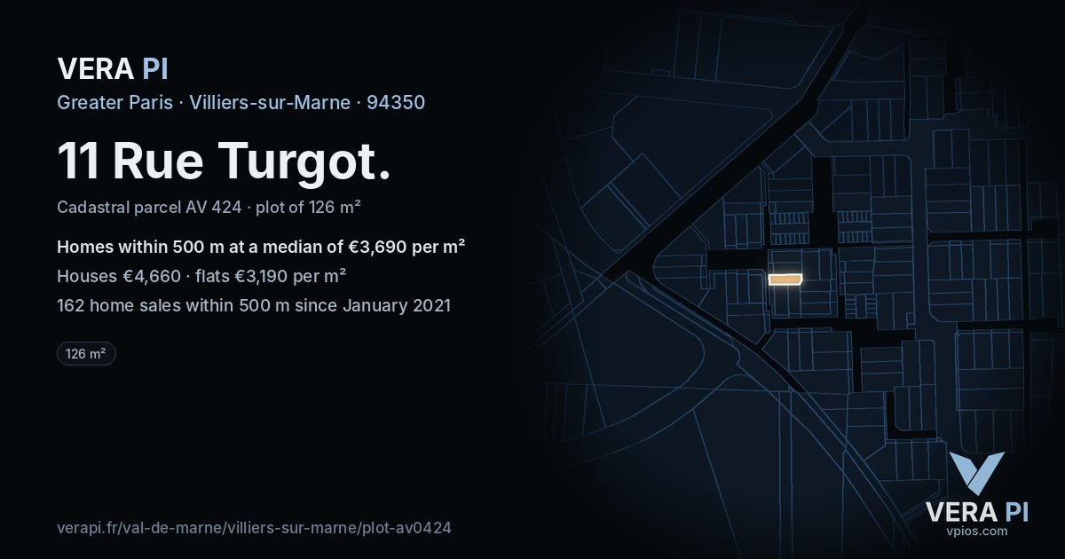 11 Rue Turgot, Villiers-sur-Marne at night – the plot lit, the parcels around coloured by the prices near them