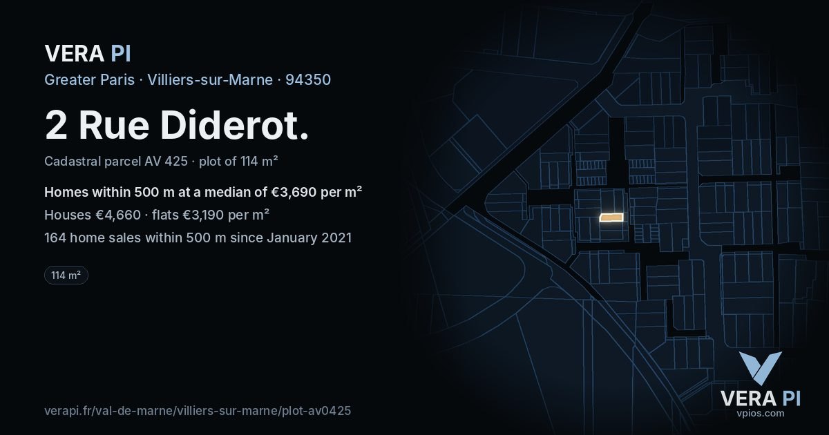 2 Rue Diderot, Villiers-sur-Marne at night – the plot lit, the parcels around coloured by the prices near them