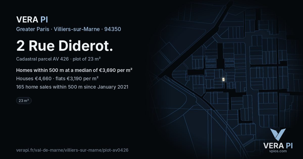 2 Rue Diderot, Villiers-sur-Marne at night – the plot lit, the parcels around coloured by the prices near them