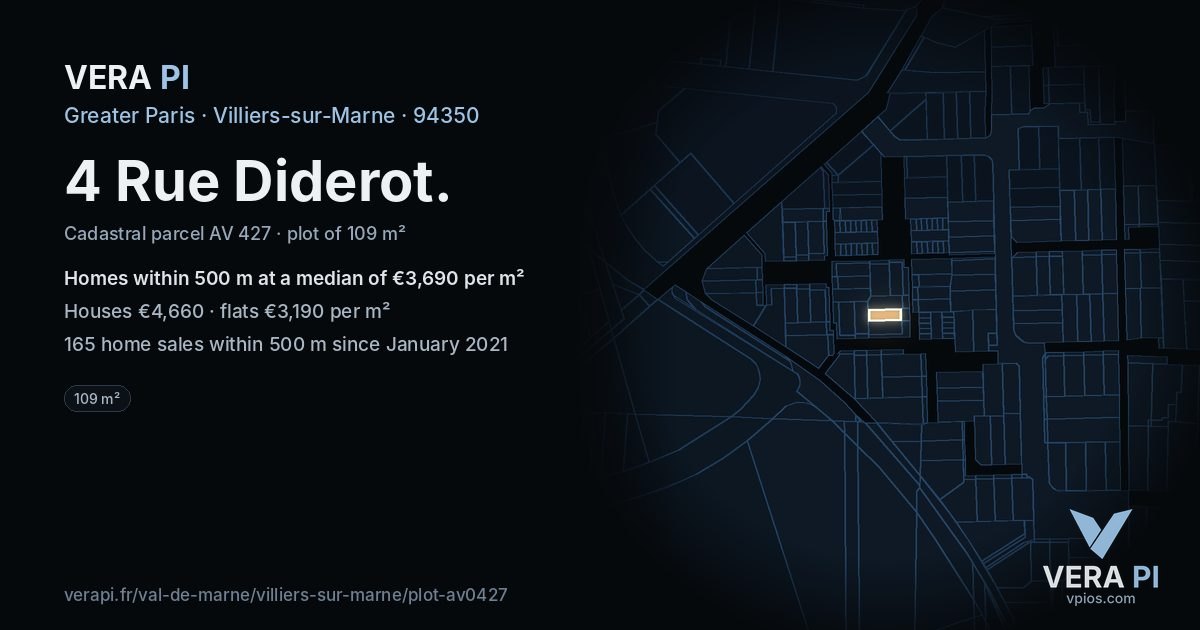 4 Rue Diderot, Villiers-sur-Marne at night – the plot lit, the parcels around coloured by the prices near them
