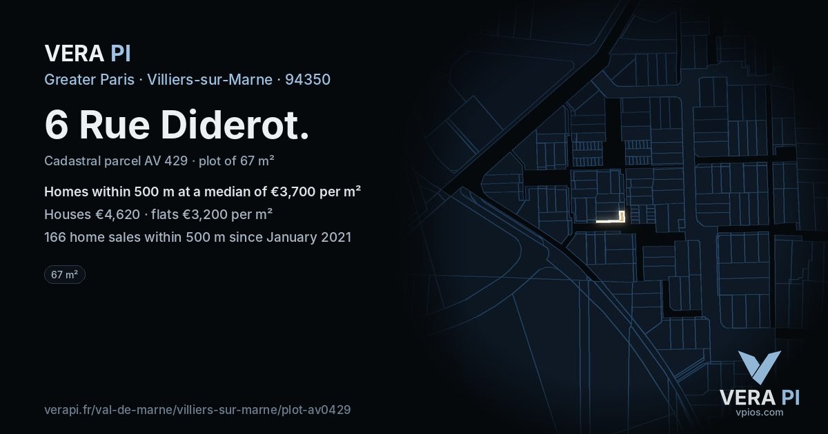 6 Rue Diderot, Villiers-sur-Marne at night – the plot lit, the parcels around coloured by the prices near them