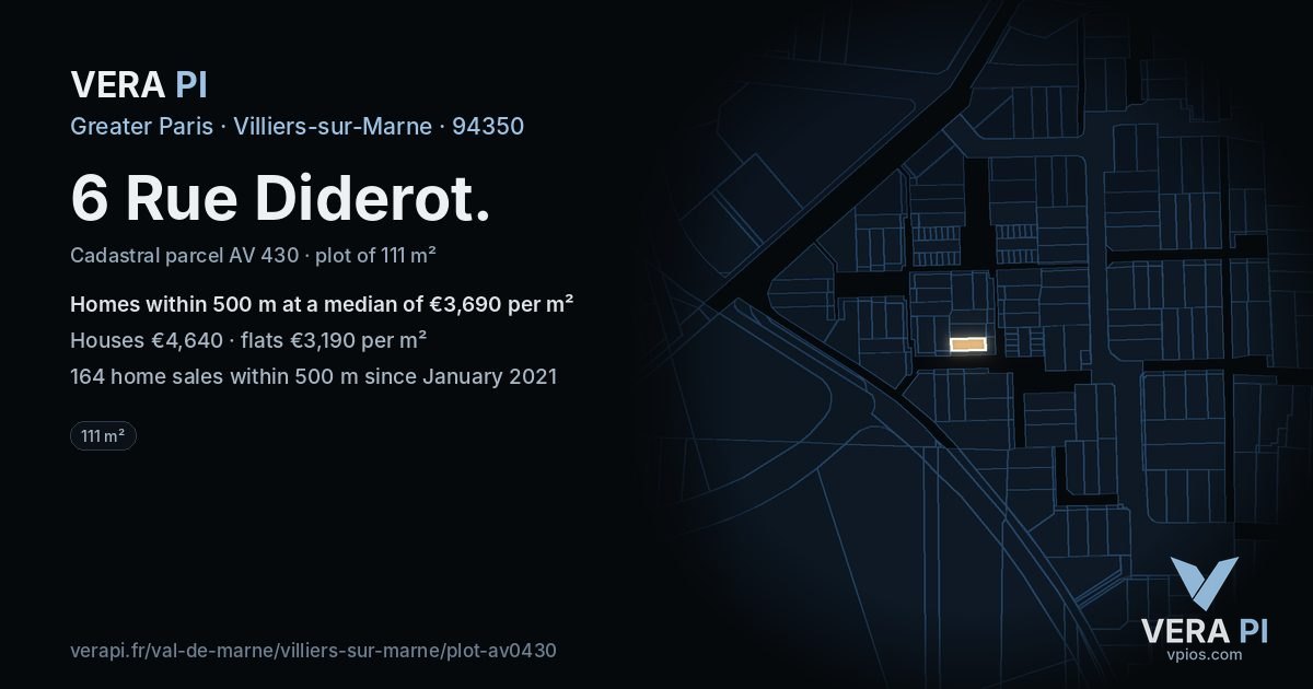 6 Rue Diderot, Villiers-sur-Marne at night – the plot lit, the parcels around coloured by the prices near them