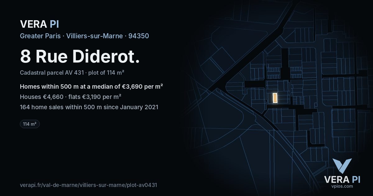 8 Rue Diderot, Villiers-sur-Marne at night – the plot lit, the parcels around coloured by the prices near them