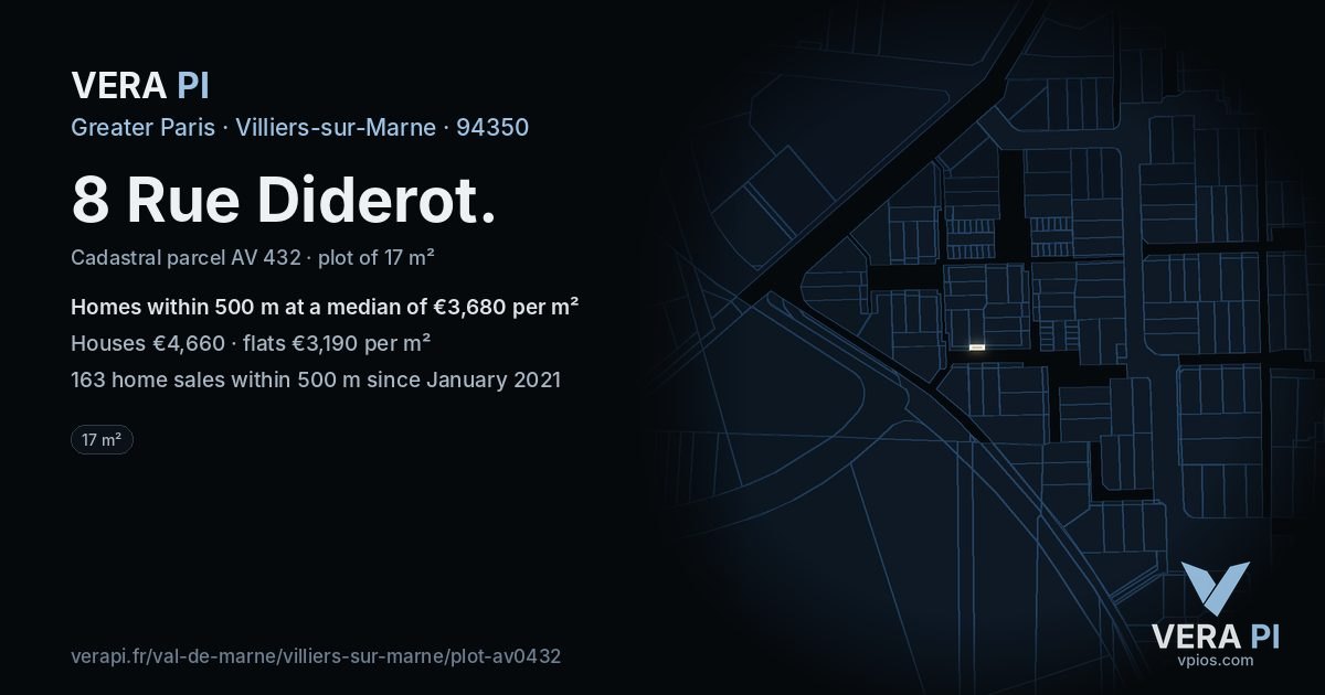 8 Rue Diderot, Villiers-sur-Marne at night – the plot lit, the parcels around coloured by the prices near them