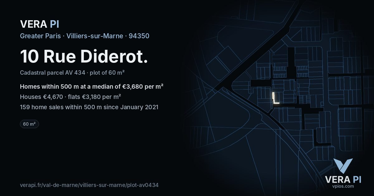 10 Rue Diderot, Villiers-sur-Marne at night – the plot lit, the parcels around coloured by the prices near them