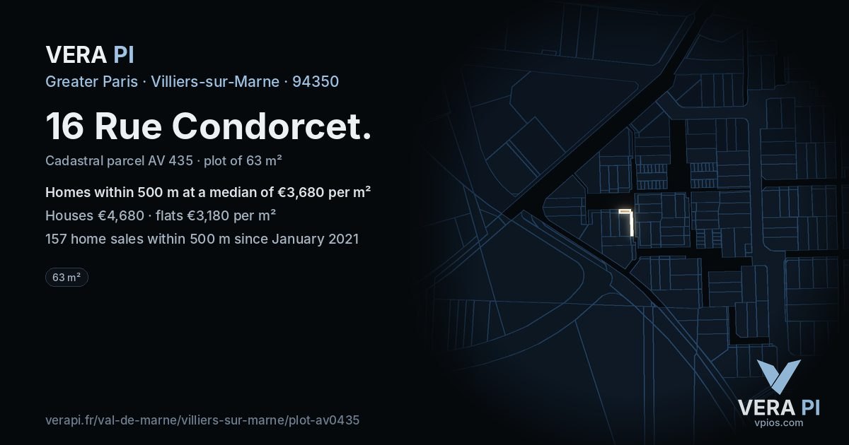 16 Rue Condorcet, Villiers-sur-Marne at night – the plot lit, the parcels around coloured by the prices near them