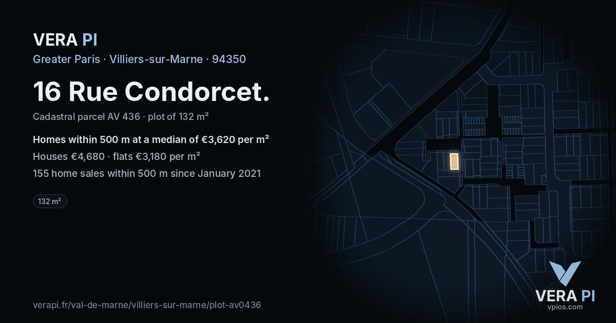 16 Rue Condorcet, Villiers-sur-Marne at night – the plot lit, the parcels around coloured by the prices near them