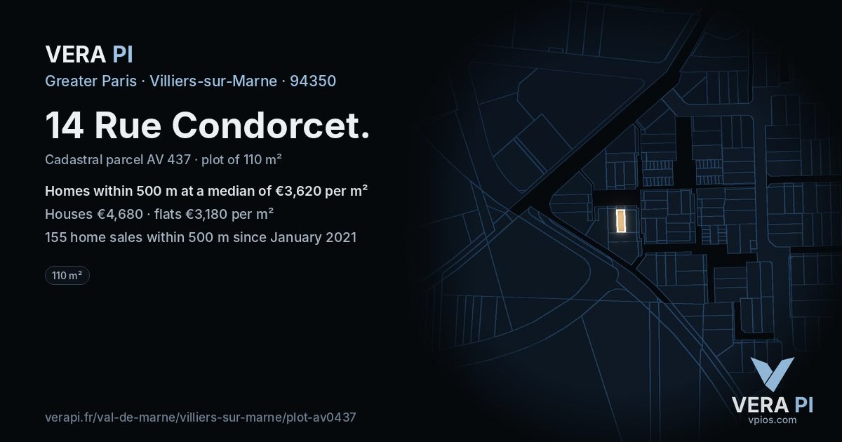 14 Rue Condorcet, Villiers-sur-Marne at night – the plot lit, the parcels around coloured by the prices near them