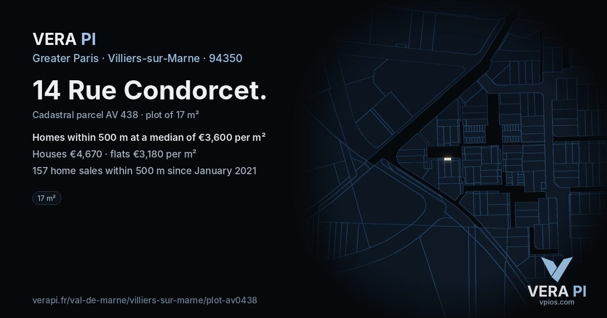 14 Rue Condorcet, Villiers-sur-Marne at night – the plot lit, the parcels around coloured by the prices near them