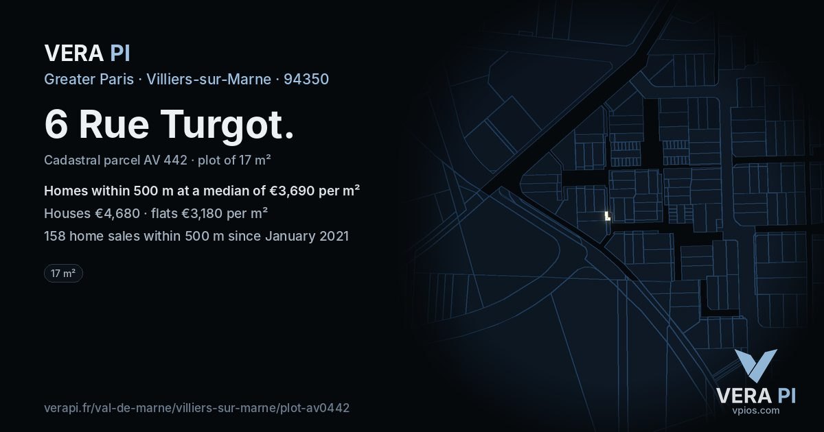 6 Rue Turgot, Villiers-sur-Marne at night – the plot lit, the parcels around coloured by the prices near them