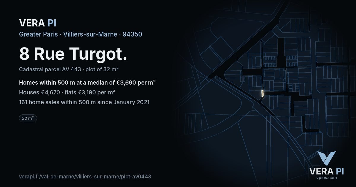 8 Rue Turgot, Villiers-sur-Marne at night – the plot lit, the parcels around coloured by the prices near them