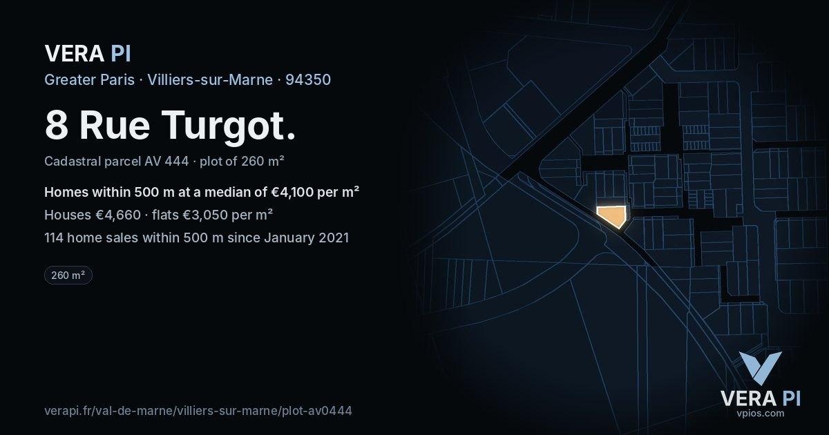 8 Rue Turgot, Villiers-sur-Marne at night – the plot lit, the parcels around coloured by the prices near them