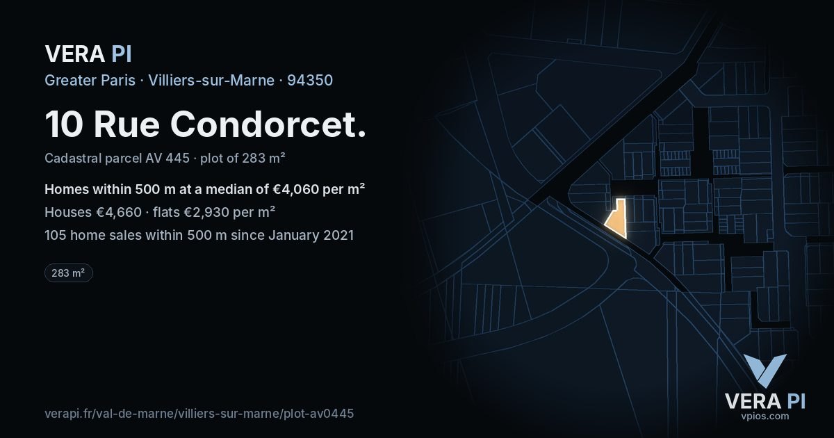 10 Rue Condorcet, Villiers-sur-Marne at night – the plot lit, the parcels around coloured by the prices near them