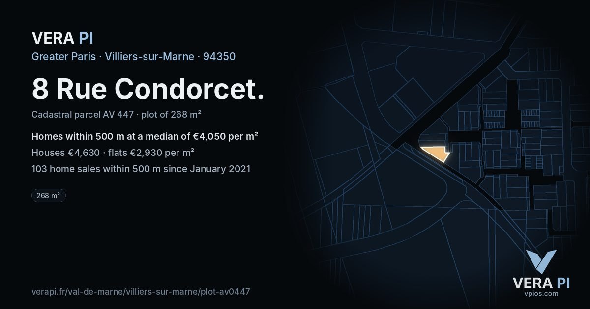 8 Rue Condorcet, Villiers-sur-Marne at night – the plot lit, the parcels around coloured by the prices near them