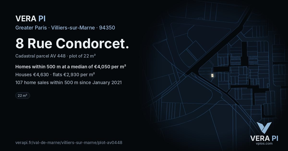 8 Rue Condorcet, Villiers-sur-Marne at night – the plot lit, the parcels around coloured by the prices near them