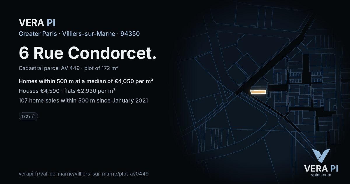6 Rue Condorcet, Villiers-sur-Marne at night – the plot lit, the parcels around coloured by the prices near them