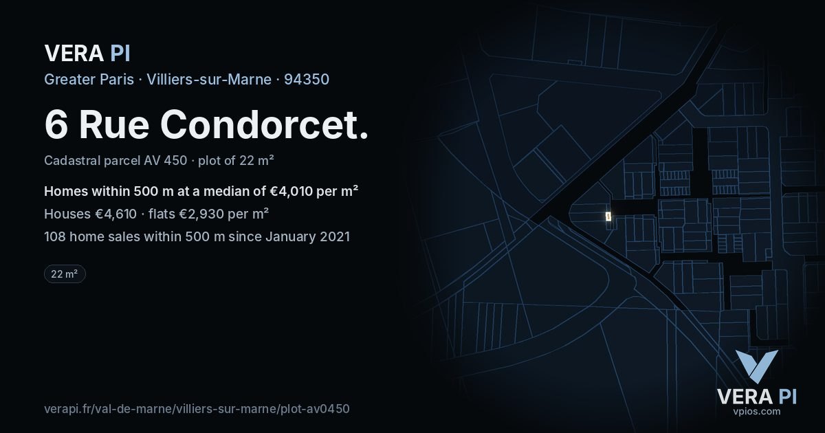 6 Rue Condorcet, Villiers-sur-Marne at night – the plot lit, the parcels around coloured by the prices near them