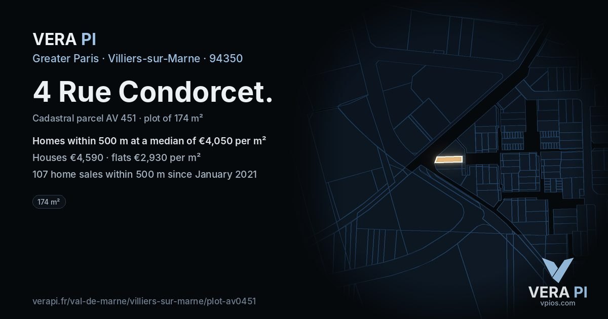 4 Rue Condorcet, Villiers-sur-Marne at night – the plot lit, the parcels around coloured by the prices near them