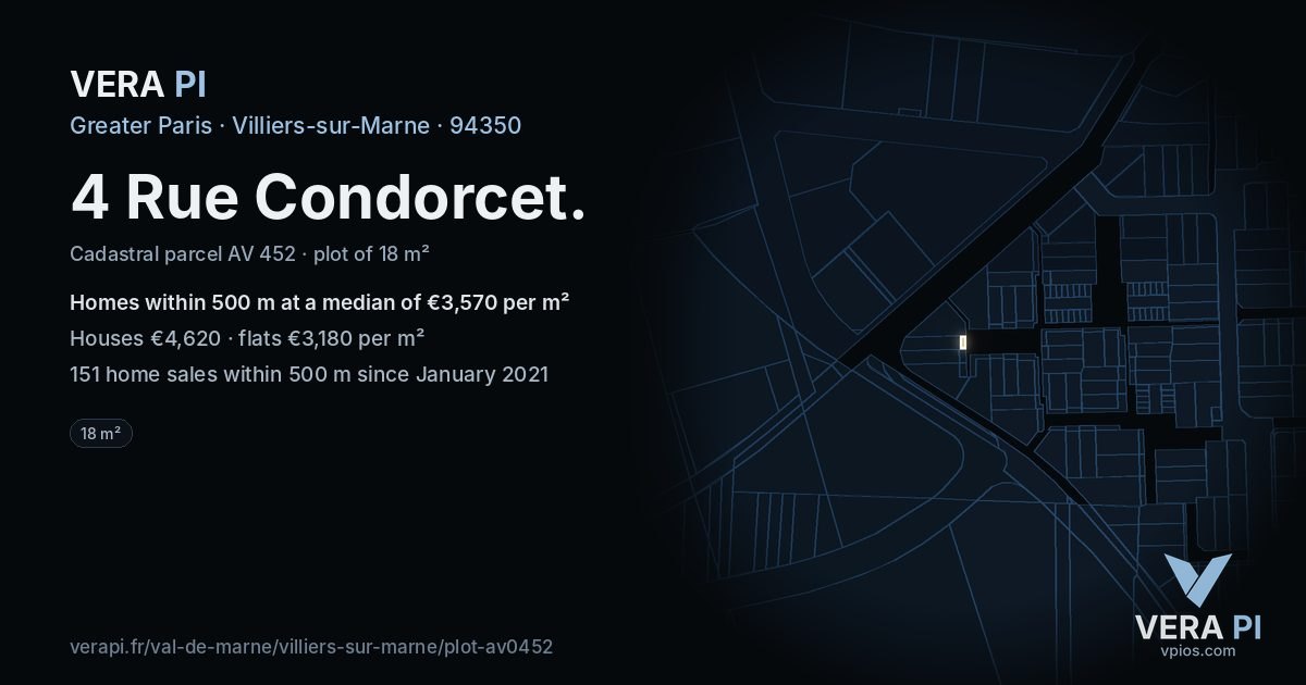 4 Rue Condorcet, Villiers-sur-Marne at night – the plot lit, the parcels around coloured by the prices near them