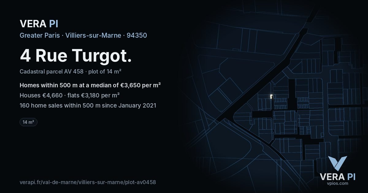 4 Rue Turgot, Villiers-sur-Marne at night – the plot lit, the parcels around coloured by the prices near them