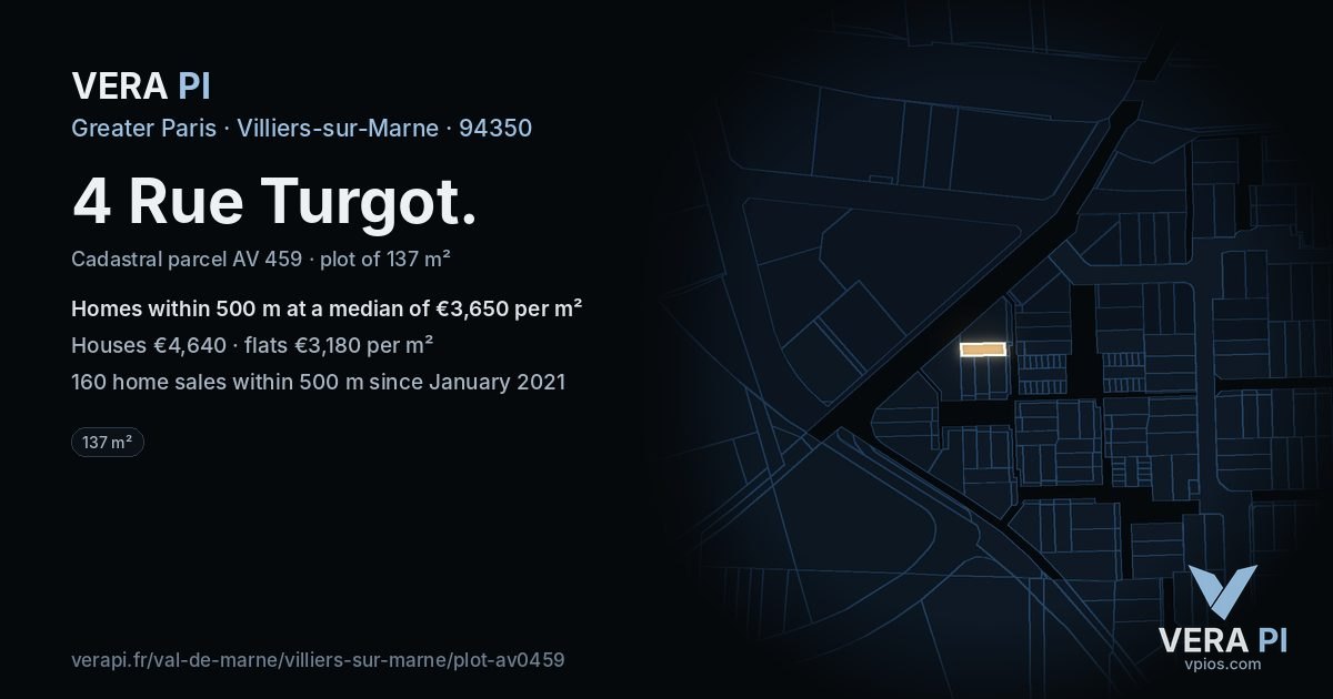 4 Rue Turgot, Villiers-sur-Marne at night – the plot lit, the parcels around coloured by the prices near them