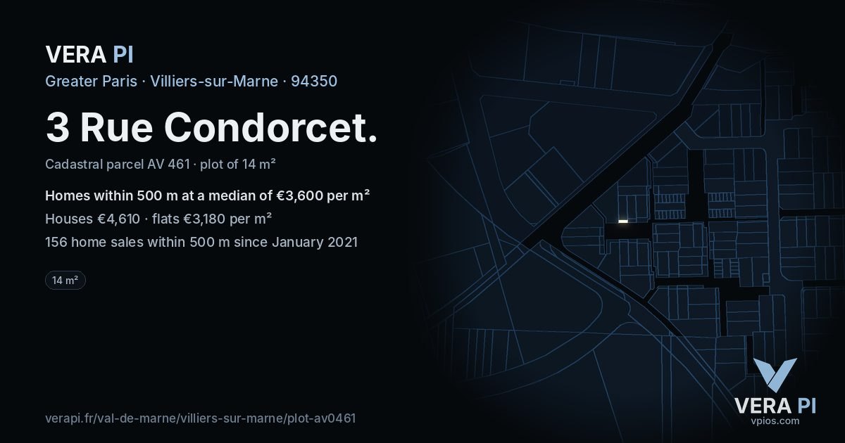 3 Rue Condorcet, Villiers-sur-Marne at night – the plot lit, the parcels around coloured by the prices near them