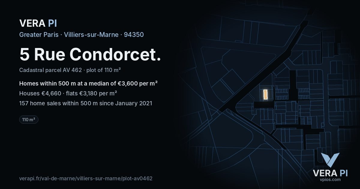 5 Rue Condorcet, Villiers-sur-Marne at night – the plot lit, the parcels around coloured by the prices near them