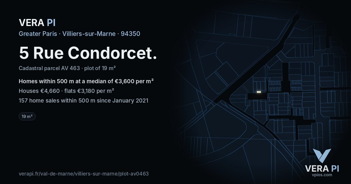 5 Rue Condorcet, Villiers-sur-Marne at night – the plot lit, the parcels around coloured by the prices near them