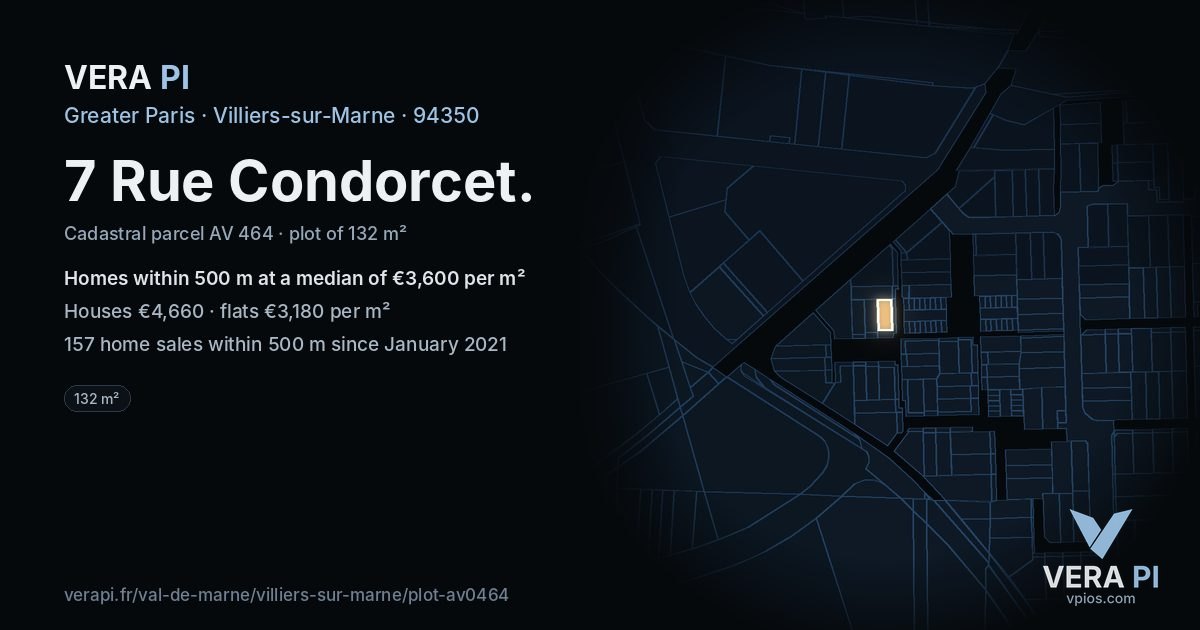 7 Rue Condorcet, Villiers-sur-Marne at night – the plot lit, the parcels around coloured by the prices near them