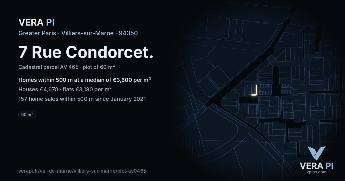 7 Rue Condorcet, Villiers-sur-Marne at night – the plot lit, the parcels around coloured by the prices near them
