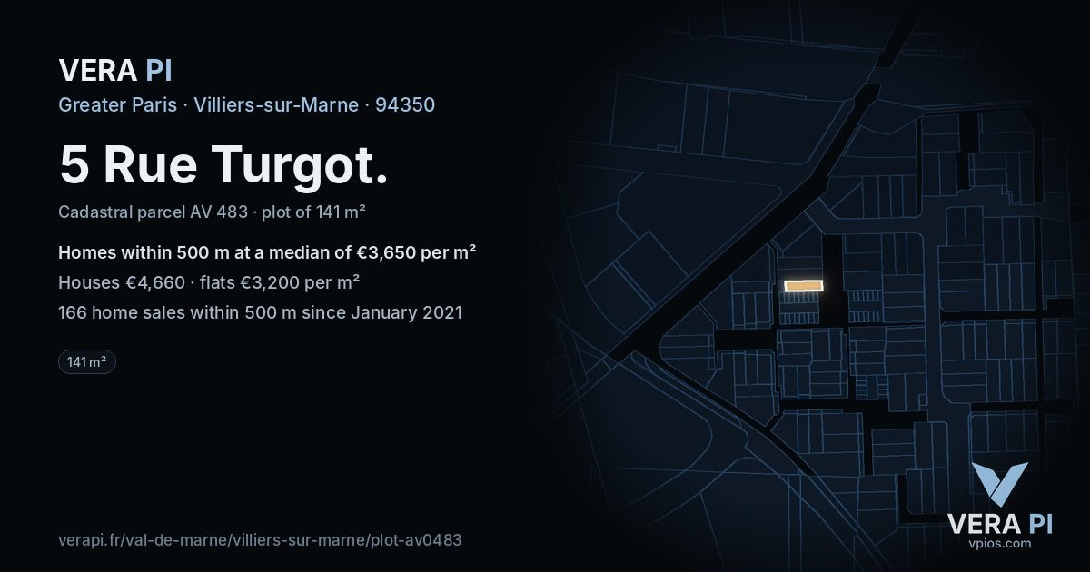 5 Rue Turgot, Villiers-sur-Marne at night – the plot lit, the parcels around coloured by the prices near them