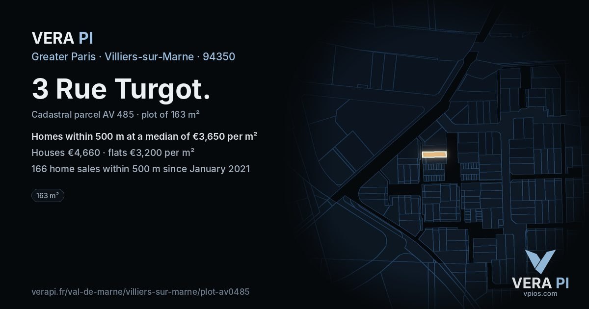 3 Rue Turgot, Villiers-sur-Marne at night – the plot lit, the parcels around coloured by the prices near them