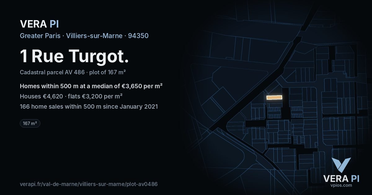 1 Rue Turgot, Villiers-sur-Marne at night – the plot lit, the parcels around coloured by the prices near them