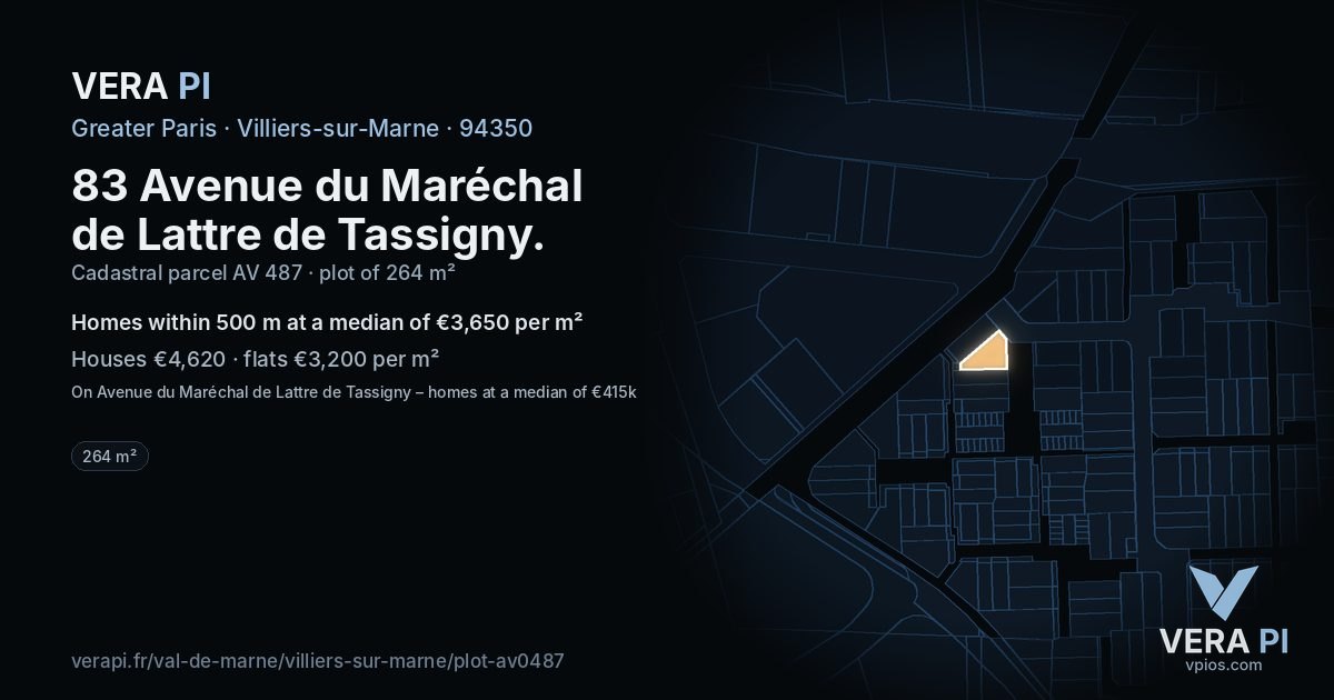83 Avenue du Maréchal de Lattre de Tassigny, Villiers-sur-Marne at night – the plot lit, the parcels around coloured by the prices near them